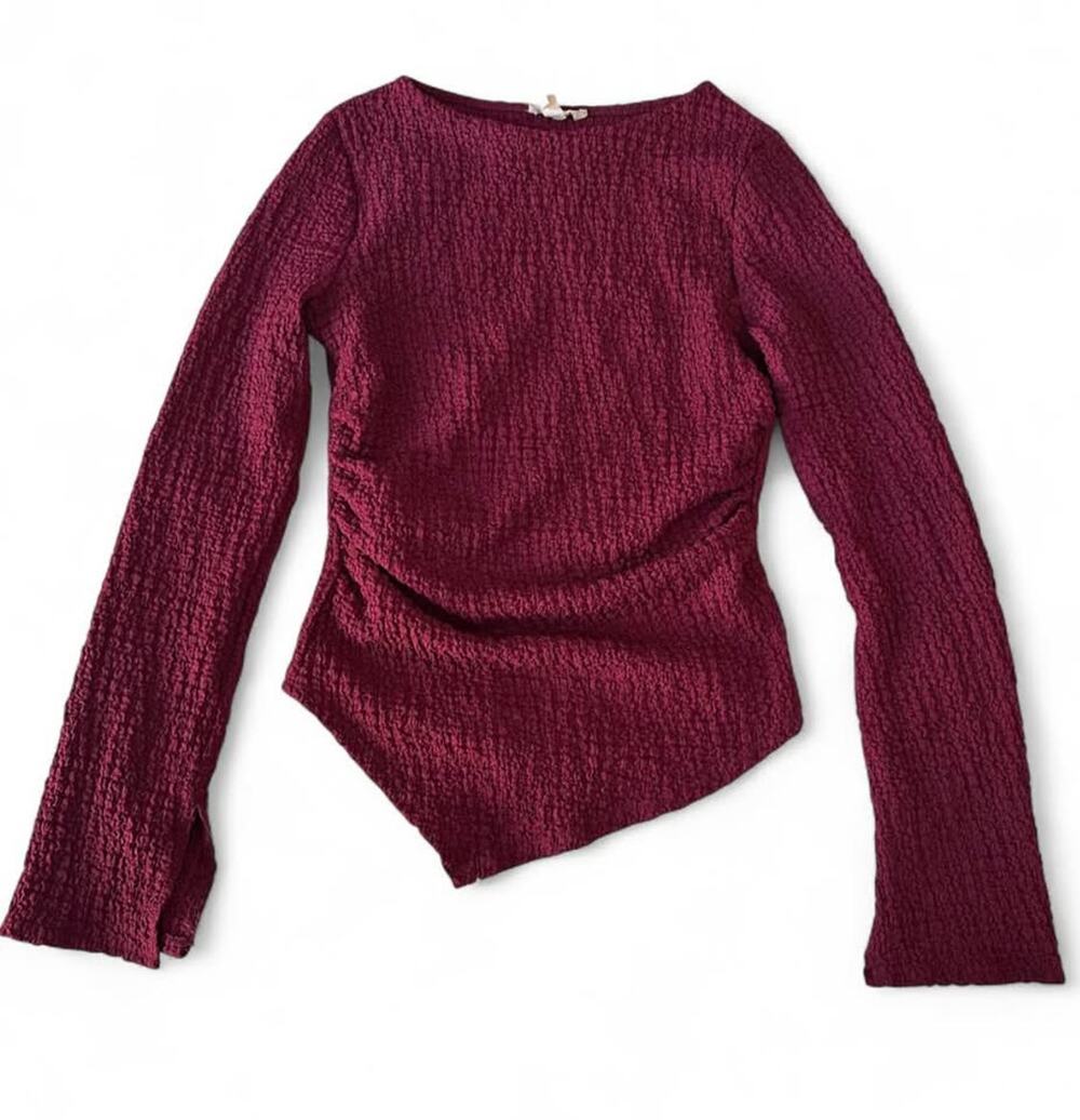 See You Monday Burgundy Textured Asymmetrical Long Sleeve Top Size L